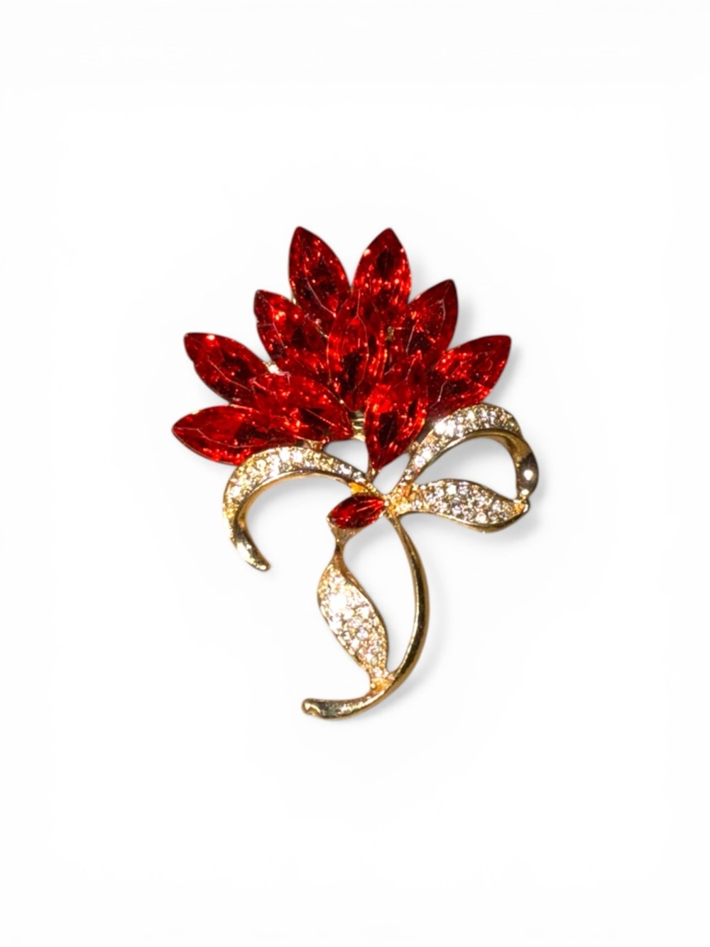 Red Gem Sparkling Floral Brooch in Gold Tone